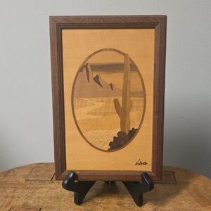 Vintage Hudson River Inlay Marquetry Wood Art Saguaro Cactus 7x10" Frame, Signed